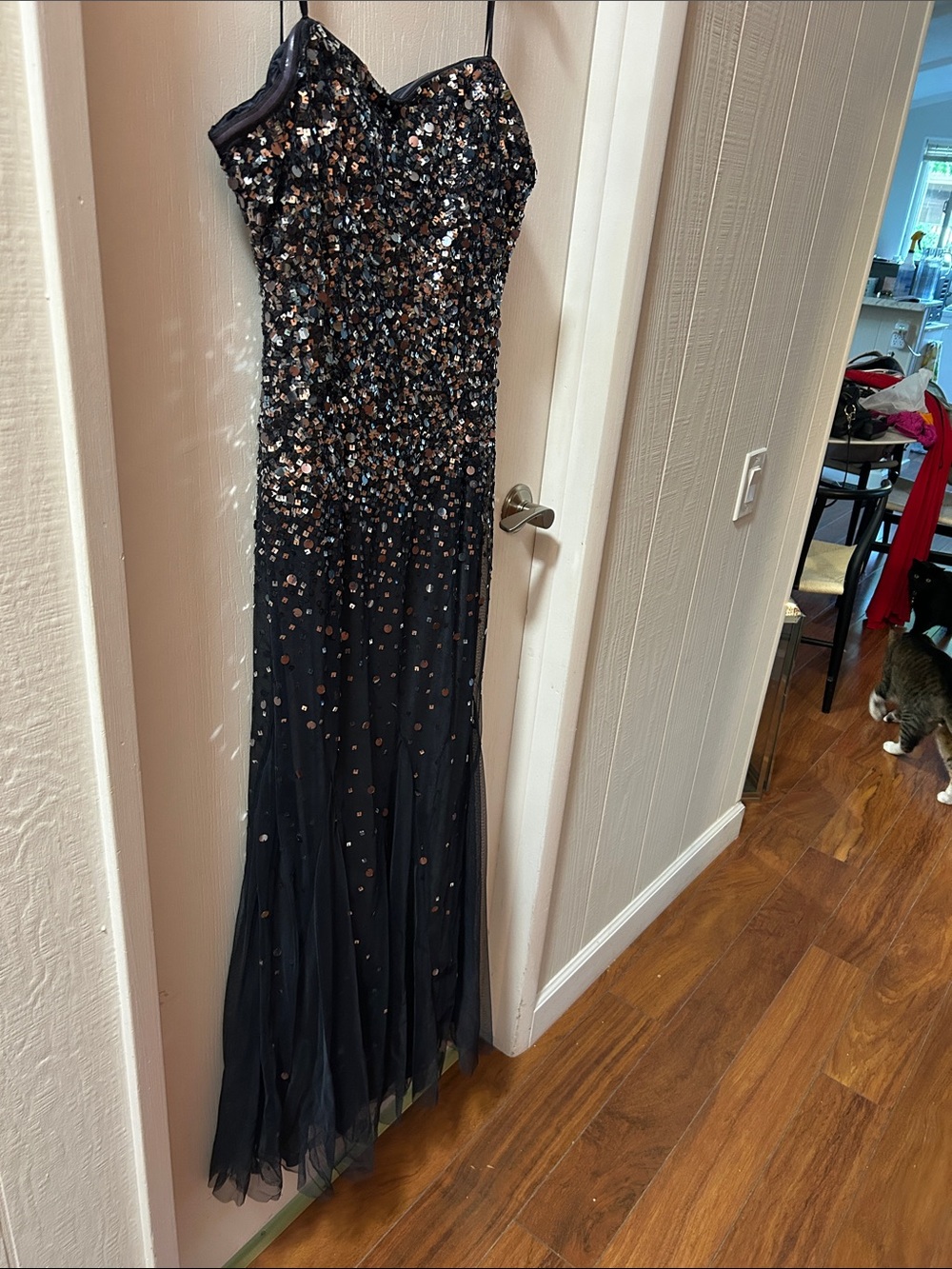 Adrianna Papell Blue Sequin Strapless Maxi Dress with Silver & Gold Accents